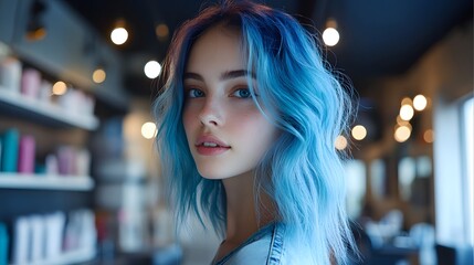 A model with bold blue ombre hair, standing in a chic, minimalist hair salon