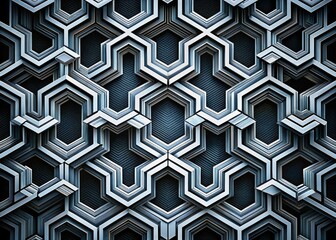 Intricate geometric pattern of interlocking white and black shapes, featuring chevrons and hexagons, creates a mesmerizing and visually striking abstract design on a dark background.