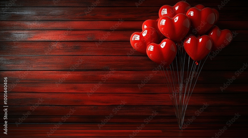 Poster a cluster of heart-shaped balloons in vibrant red, arranged in a romantic display, against a backdro
