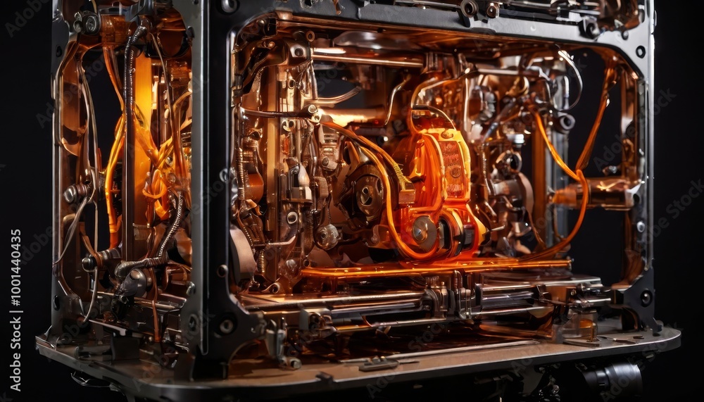 Poster intricate close-up of a high-tech engine with glowing orange parts, showcasing mechanical complexity