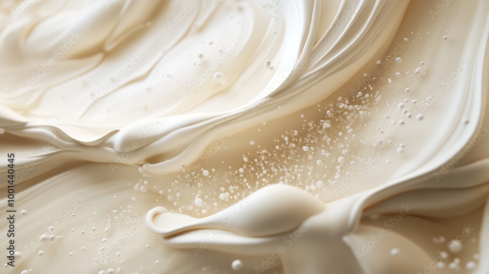 Poster a dynamic 3d rendering of body cream cascading over smooth surfaces, surrounded by delicate particle