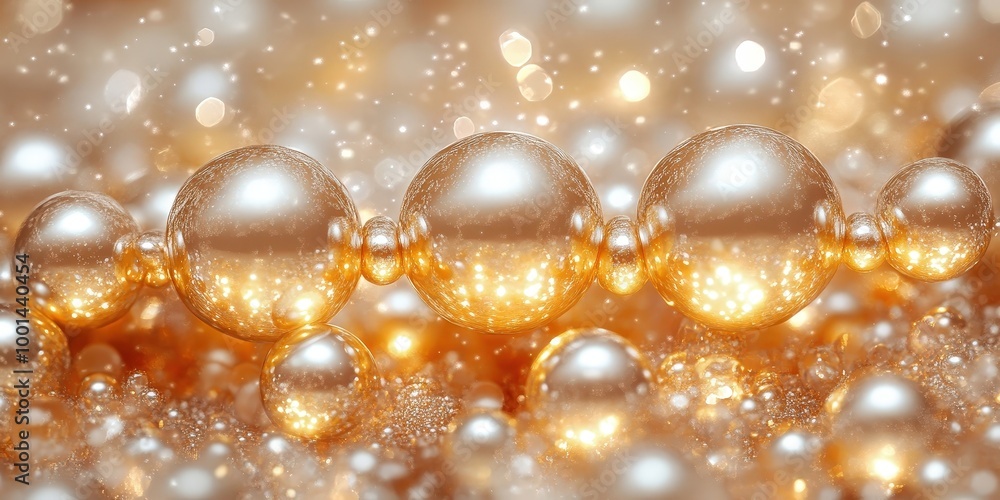 Poster a delicate string of gleaming pearls, reflecting warm light, rests on a bed of shimmering, pearlesce