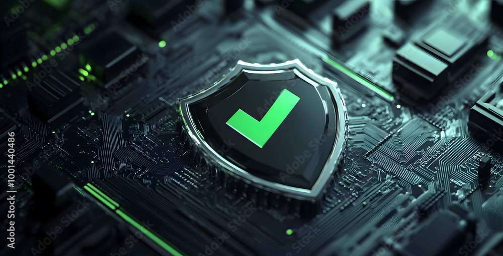 Poster digital security shield with green checkmark on circuit board