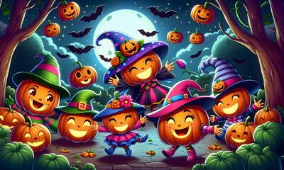 Obraz premium Comic - viele bunte Kürbis-Kinder mit Hüten tanzen fröhlich durch die Halloween Nacht
