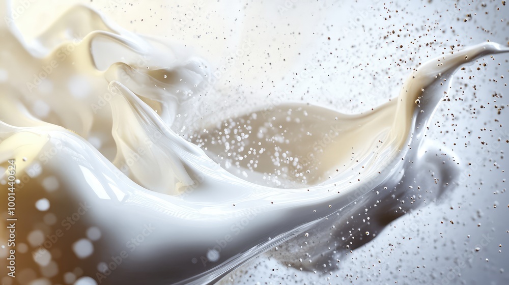 Poster a dynamic 3d rendering of body cream cascading over smooth surfaces, surrounded by delicate particle