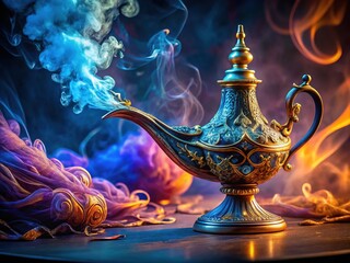 Enchanted genie emerging from an ornate bottle with swirling magical smoke and vibrant colors