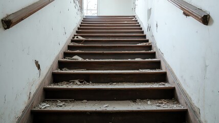 Broken staircase leading up to the second floor of an old house, with dust and debris everywhere   broken staircase, abandoned home