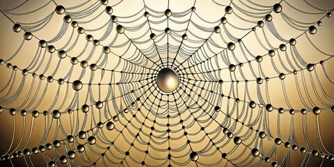 Obraz premium Intricate illustration of a spider web in bold black lines and gentle curves, adorned with elegant dew droplets, against a soft, creamy white background.