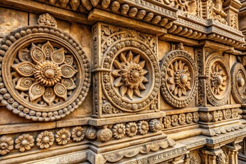 Obraz premium Intricately carved ancient Hindu stone patterns adorn a weathered temple wall, showcasing ornate floral and geometric motifs in exquisite detail.