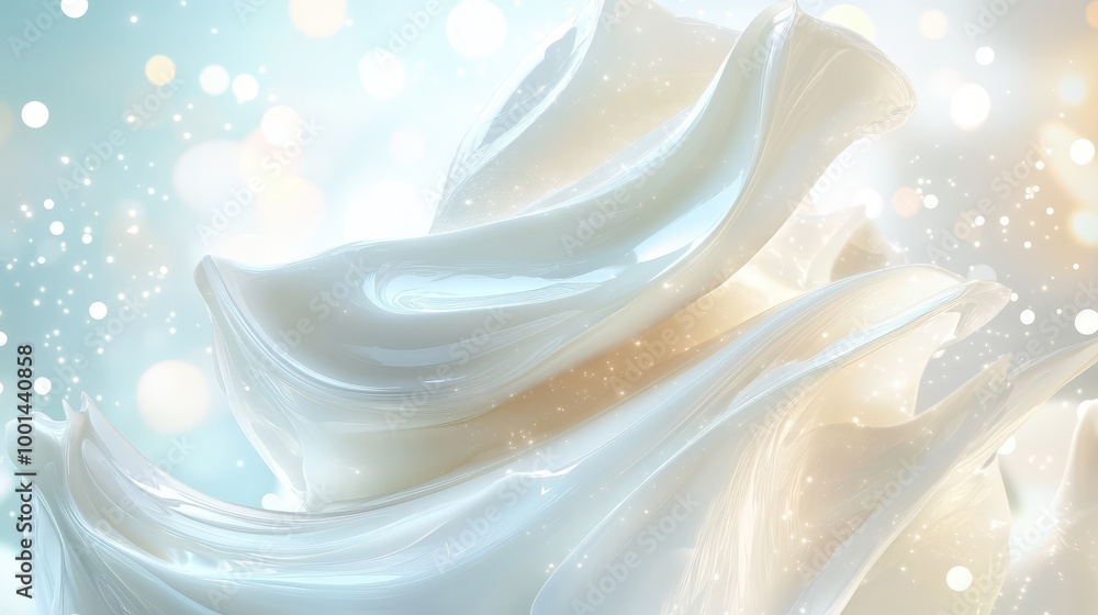 Poster a dynamic 3d rendering of shampoo cream with fluid, wavy textures, surrounded by sparkling highlight