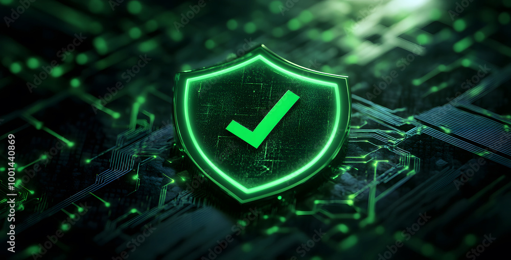 Aufkleber digital security shield with green checkmark on circuit board