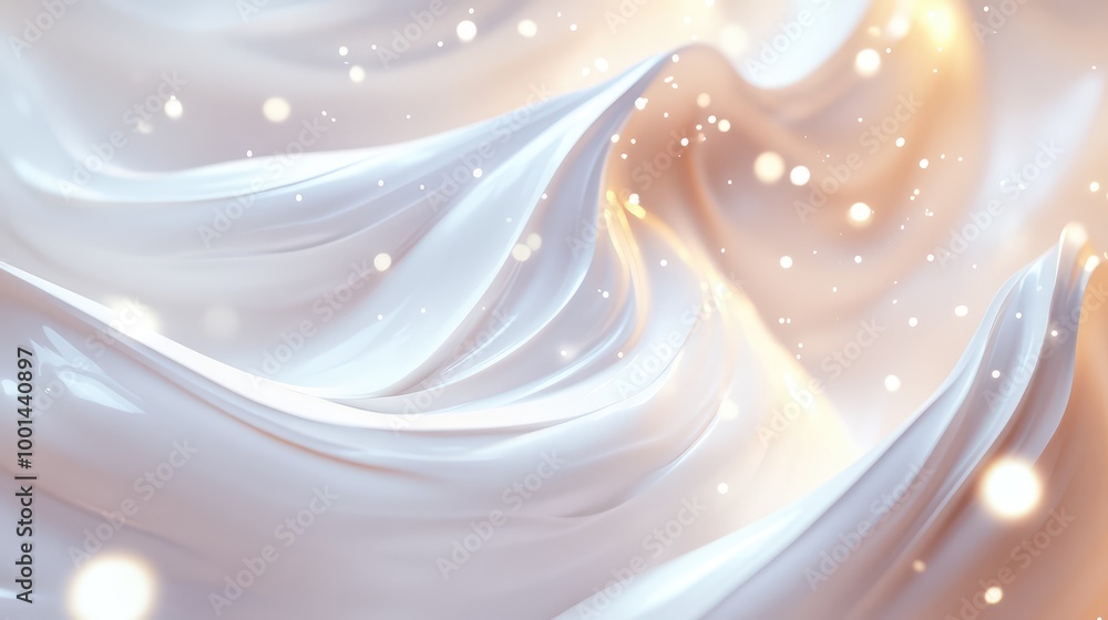 Poster a dynamic 3d rendering of shampoo cream with fluid, wavy textures, surrounded by sparkling highlight