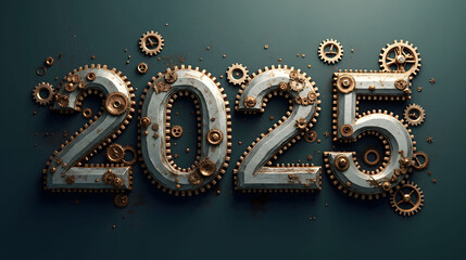 Mechanical gears forming 2025 in a steampunk style