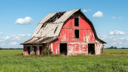 Obraz premium Broken-down barn in an empty field, its roof collapsing and walls crumbling abandoned barn, rural decay