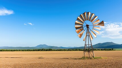 Broken-down windmill standing in a barren field, its blades rusting and creaking in the wind   abandoned windmill, rural decay