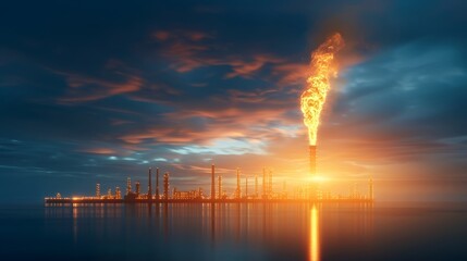 Obraz premium Gas flare at refinery, dramatic lighting, industrial emission