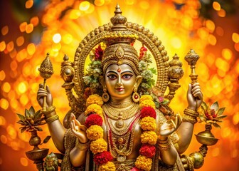 Intricately decorated golden idol of the Hindu deity with four arms, adorned with flowers and jewels, set against a vibrant orange and yellow background.