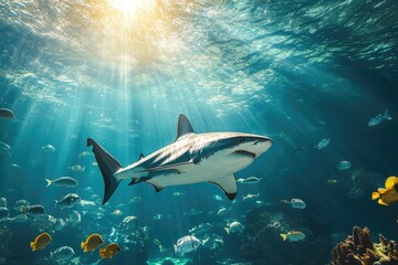 Obraz premium Shark swimming in blue ocean. Perfect for nature, wildlife, and ocean photography.