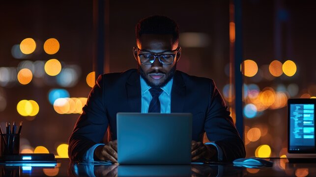 A man in business attire working late, with a focused look and multiple devices on his desk.