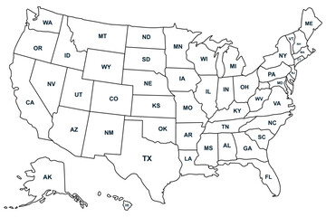 United States of America map. USA map with states and state names. Map of USA with state abbreviations