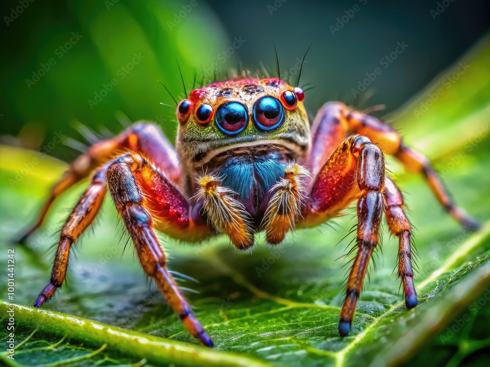 Poster close-up of a small spider on a leaf showcasing intricate details of its body and webbing structure