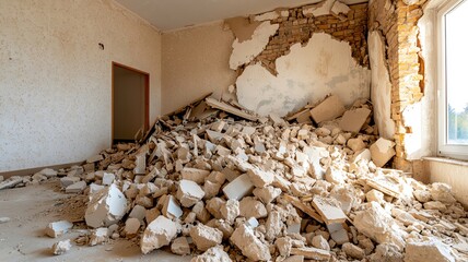 Collapsed wall in a long-abandoned house, with piles of rubble and debris spilling into the room   collapsed wall, abandoned ruin