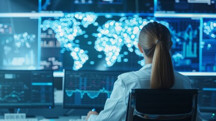 Control room technicians, monitoring operations, digital screens