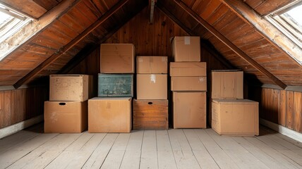 Creepy attic in an abandoned house, filled with old boxes and forgotten treasures covered in dust   abandoned attic, forgotten memories