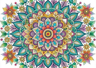 Intricately designed mandala printable coloring page with floral patterns, geometric shapes, and soothing colors, perfect for relaxing and calming the mind on a blank white background.