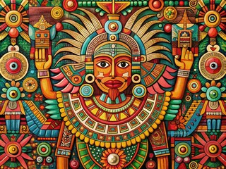Intricately detailed ancient Mesoamerican illustration featuring vibrant colors, geometric patterns, and mythological creatures, evoking a sense of mysticism and cultural heritage.