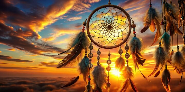 Intricately designed, vibrant feathers, and abstract patterns adorn a traditional dreamcatcher, suspended against a warm, sunset-inspired background, evoking mysticism and ancient cultural heritage.
