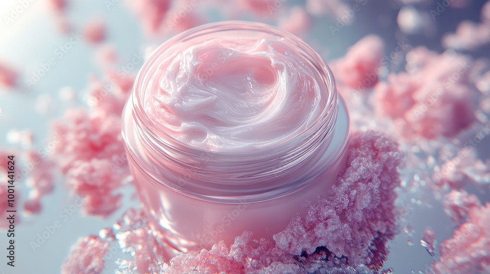 Poster a luxurious 3d image of body cream in an elegant jar, surrounded by swirling liquid patterns and sof