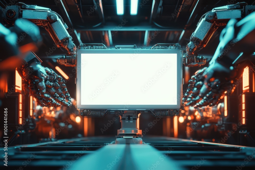 Poster a robot is holding a white computer monitor