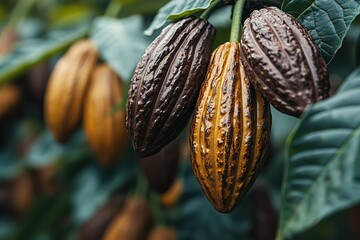 Three brown and yellow cacao pods hanging from a tree