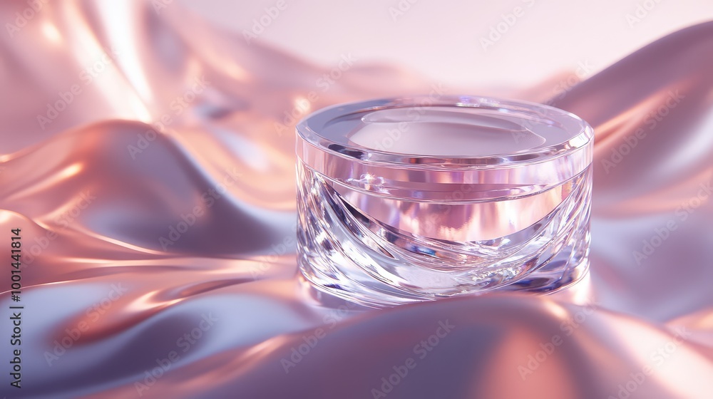 Poster a luxurious 3d rendering of body cream in a crystal container, highlighted by soft shadows and shimm