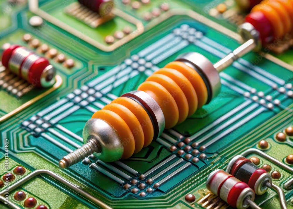 Poster close-up of a variable resistor on a circuit board for electronic component and technology use