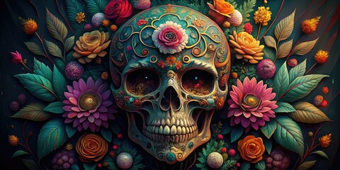 Intricately detailed illustrations of sugar skulls adorned with vibrant flowers, leaves, and ornate patterns on a dark, eerie background, evoking a sense of mystical beauty.