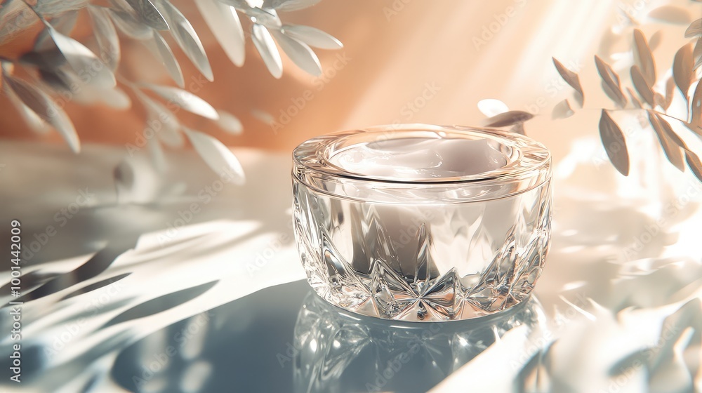 Poster a luxurious 3d rendering of body cream in a crystal container, highlighted by soft shadows and shimm
