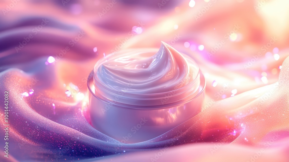 Poster a luxurious 3d image of body cream in a frosted container, surrounded by abstract glowing waves of l