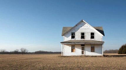 Decaying farmhouse with broken windows and collapsing walls, left behind in a rural landscape   abandoned farmhouse, rural decay