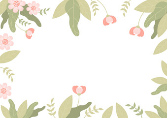 Floral card. Pink flowers and leaves Horizontal banner