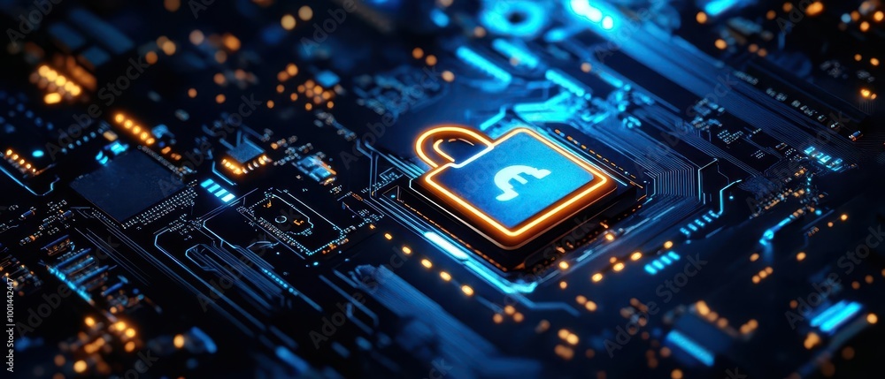 Poster the cybersecurity banner with a detailed motherboard closeup and a glowing padlock, symbolizing secu