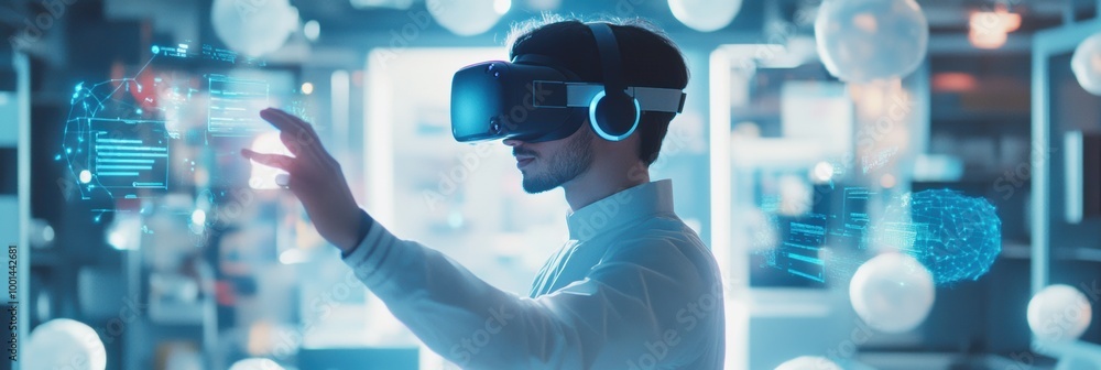 Poster a virtual reality designer interacts with floating 3d objects in a modern studio environment while w