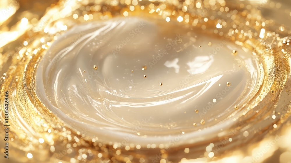 Poster a luxurious 3d visualization of body cream in motion, creating soft ripples surrounded by sparkling 