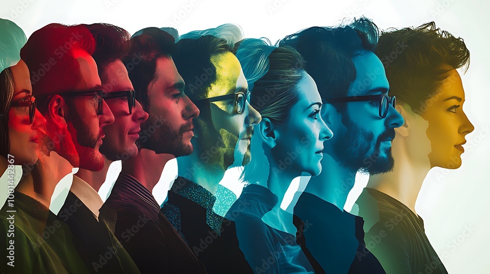 Poster a colorful, layered profile image of eight diverse individuals looking to the right.