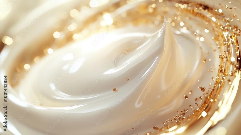 Poster a luxurious 3d visualization of body cream in motion, creating soft ripples surrounded by sparkling 
