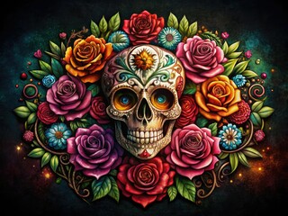 Intricate tattoo design featuring a bouquet of roses wrapped around a sugar skull, adorned with ornate filigree and vibrant colors, against a dark background.