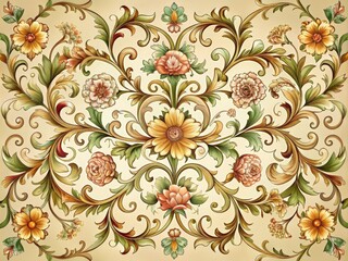 Intricate vintage-inspired scrollwork design featuring elaborate floral patterns, ornate curves, and delicate tendrils, perfect for decorative backgrounds, textures, and ornamental elements.