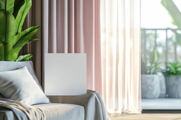 A white square is on a stand in front of a couch