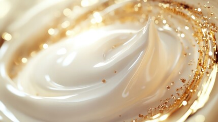 A luxurious 3D visualization of body cream in motion, creating soft ripples surrounded by sparkling golden elements